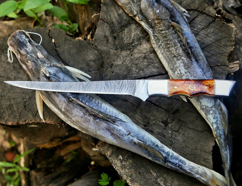 Custom Handmade Damascus Filleting Knife – 13" Camel Bone Handle with Leather Sheath