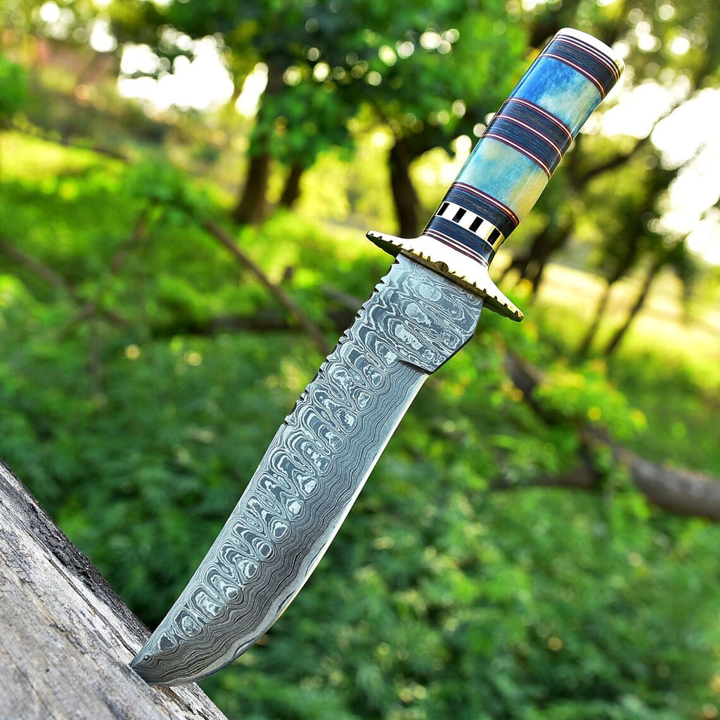 Damascus Steel Antique Bowie Knife for Sale – 13" with Brass Guard, Color Bone & Pakkawood Handle, Includes Leather Sheath