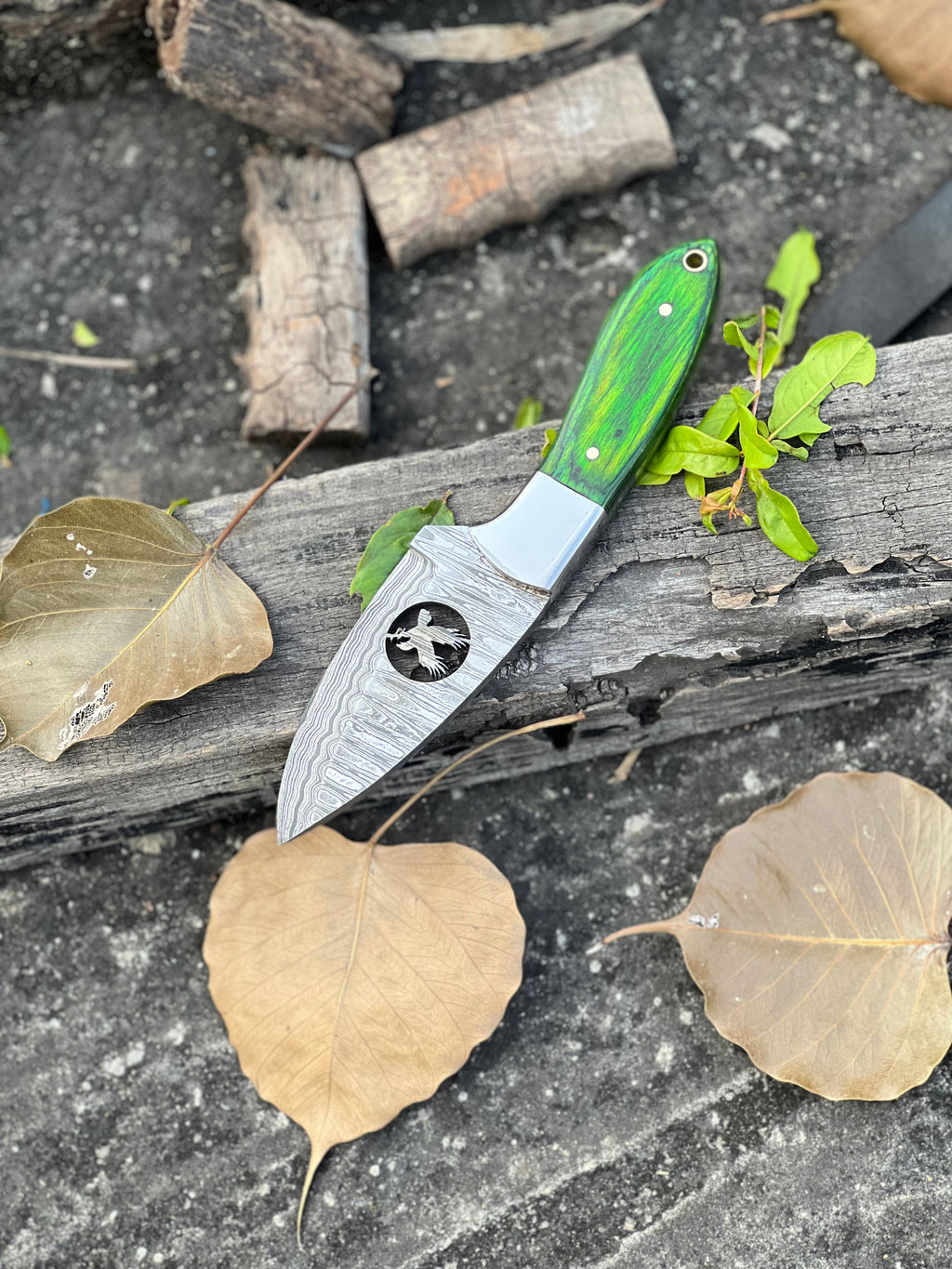 Handmade Skinner Knife – 8" Damascus Steel Blade with Pakkawood & Wire-Cut Handle + Leather Sheath