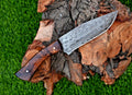 Damascus Steel Hunting Knife – 10" with Rosewood Handle and Leather Sheath
