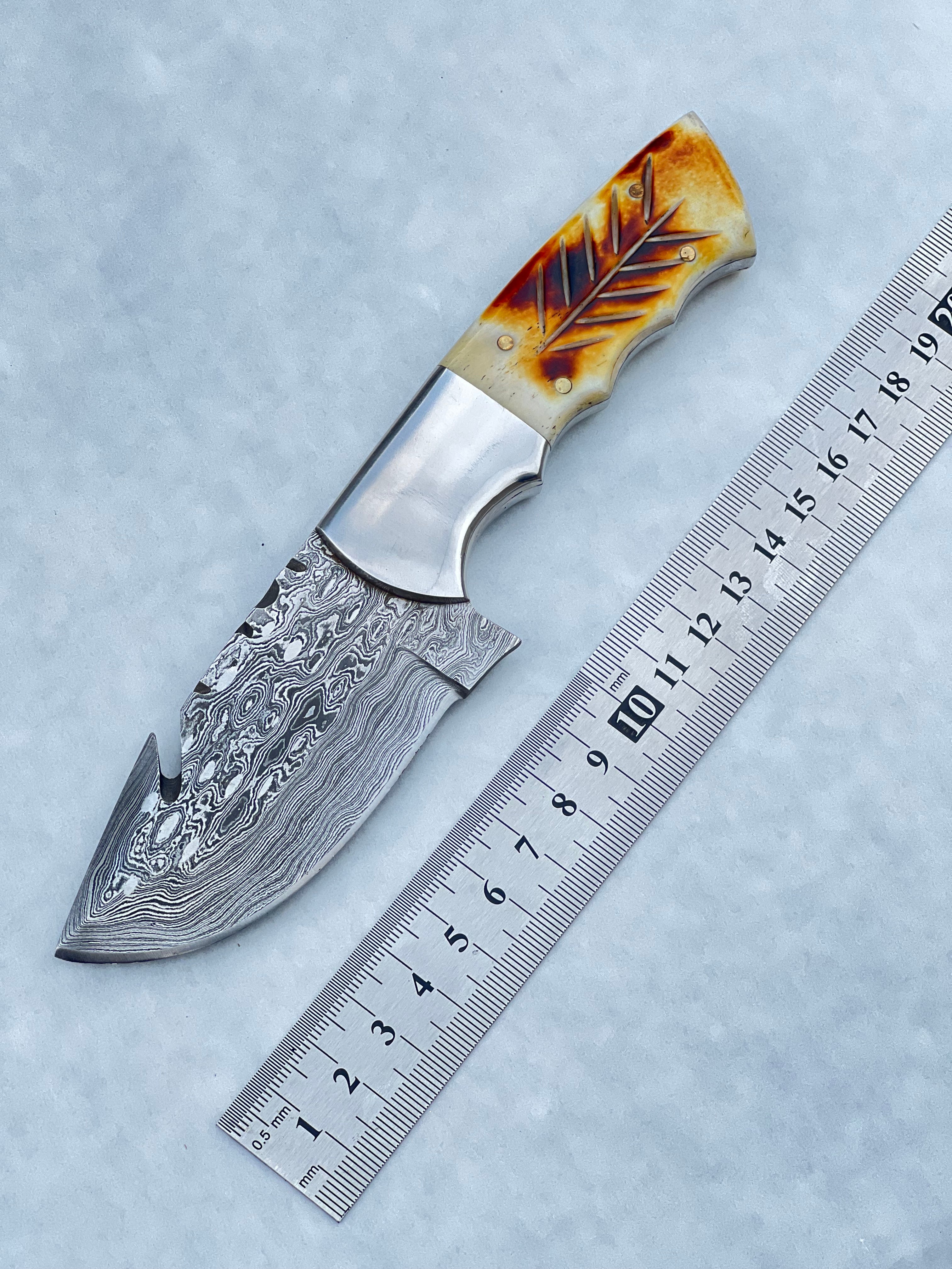 Damascus Steel Fixed Blade Knife with Camel Bone & Rosewood Handle - 7.5" Custom Pocket Knife with Leather Sheath