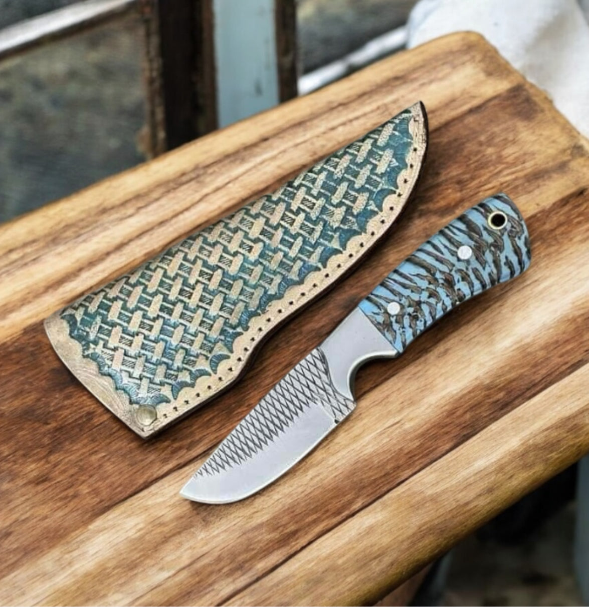 Ranch Cowboy Knife 8" – Handmade Rasp Tool Blade with Pine Cone Handle & Leather Sheath